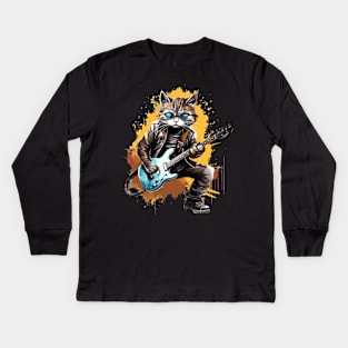 Rockstar Cat Playing Electric Guitar Kids Long Sleeve T-Shirt